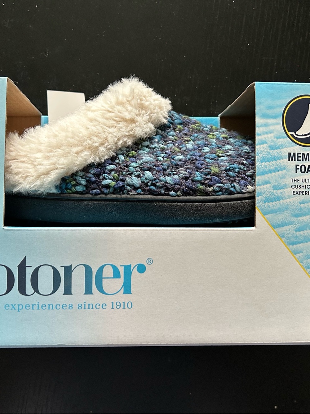 isotoner Blue Multi Boucle Clog Slippers with white Faux Fur Trim